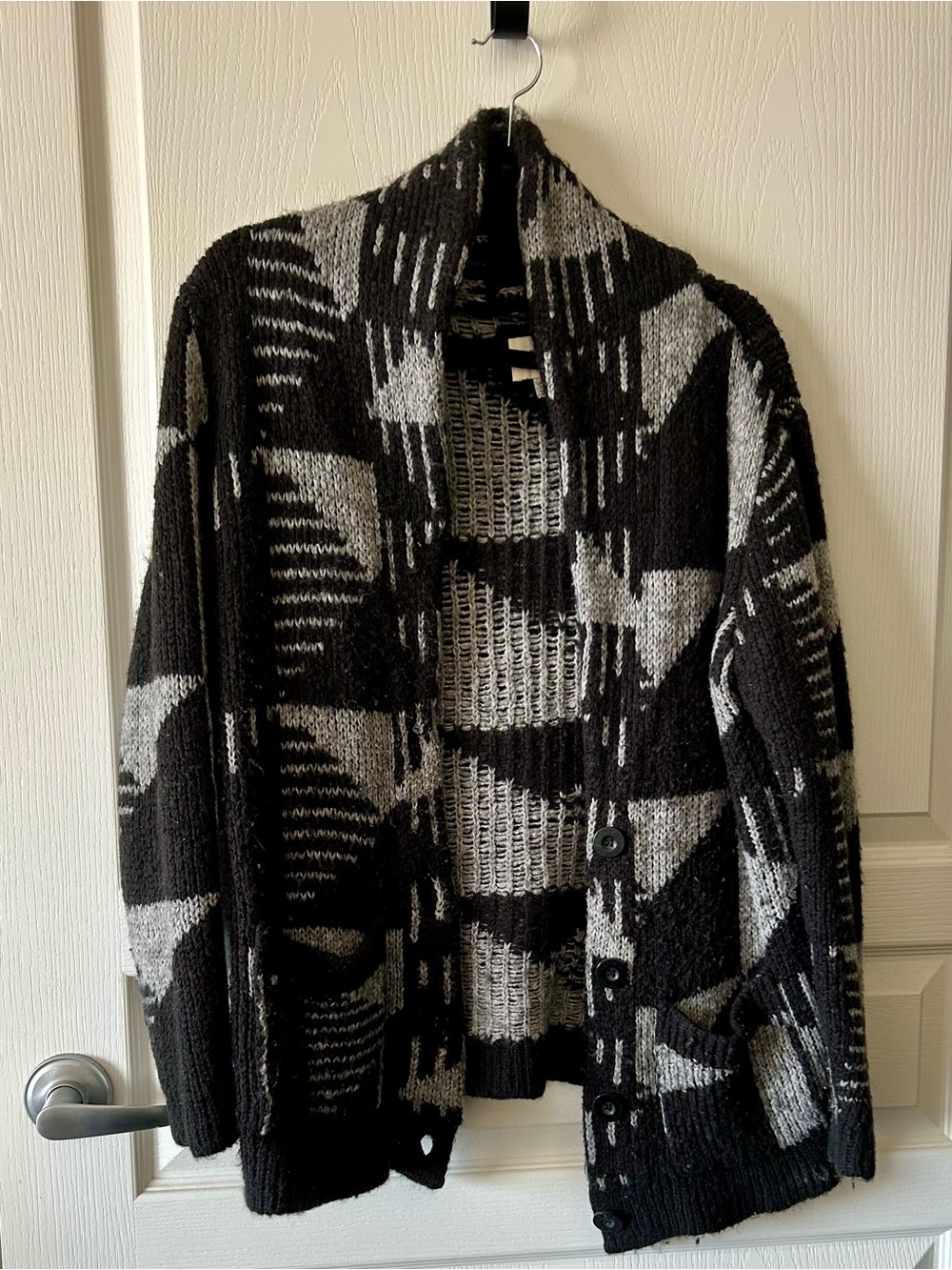 Hollister Black & Gray Geometric Knit Cardigan with Shawl Collar